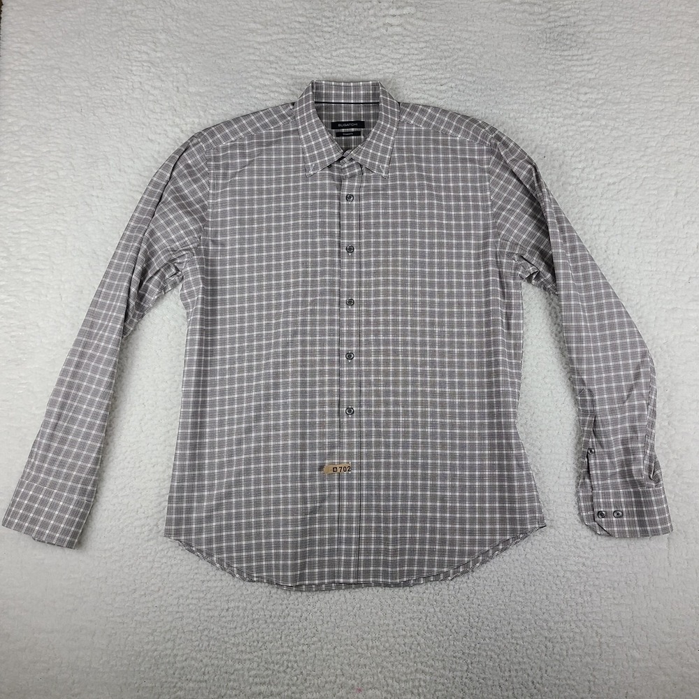 BUGATCHI Dress Shirt Mens Large‎ Blue Brown Plaid Shaped Fit Button Up